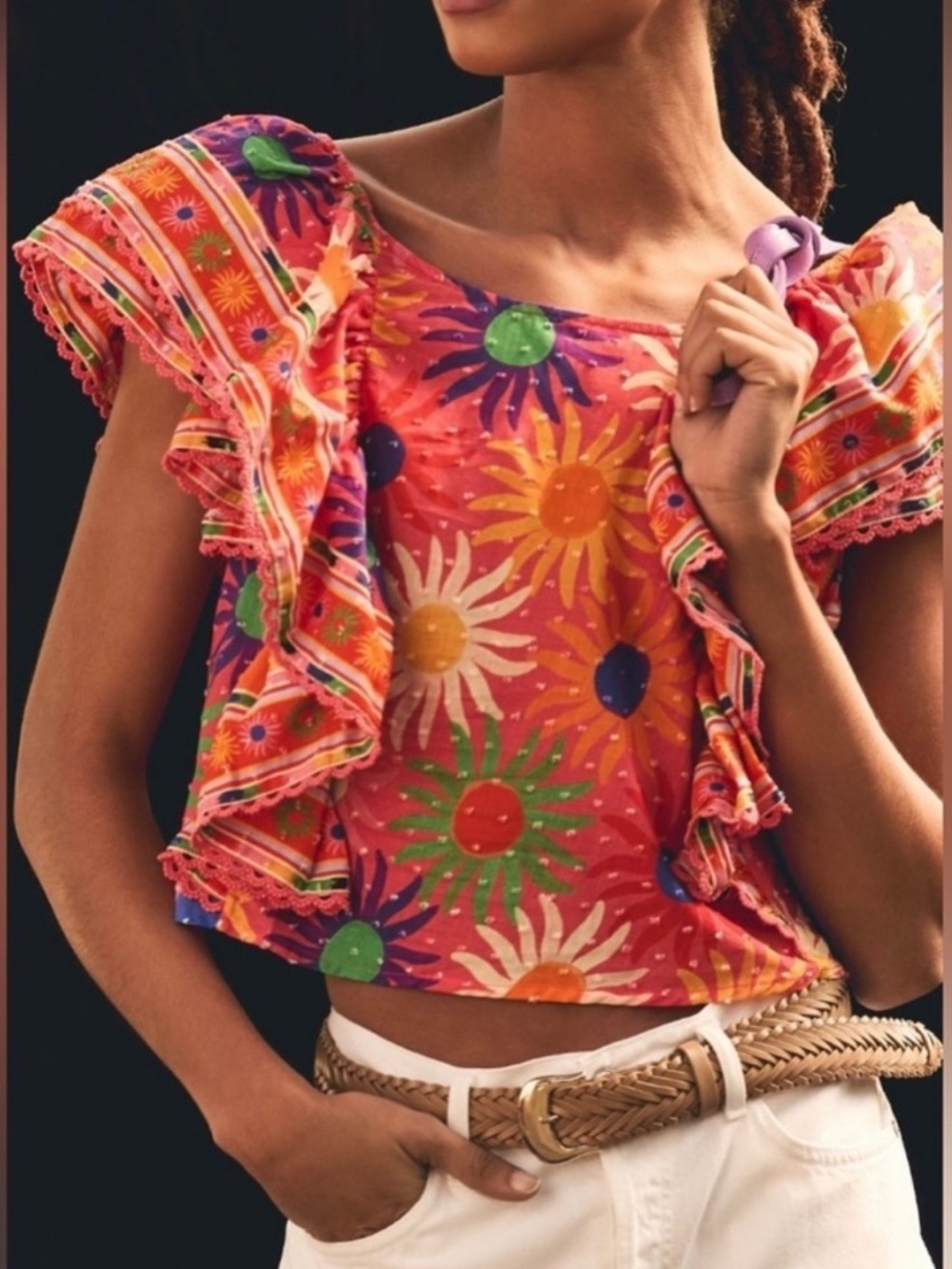 Farm Rio Coral Summer Sun flutter-sleeve crop top in pink and orange floral XL